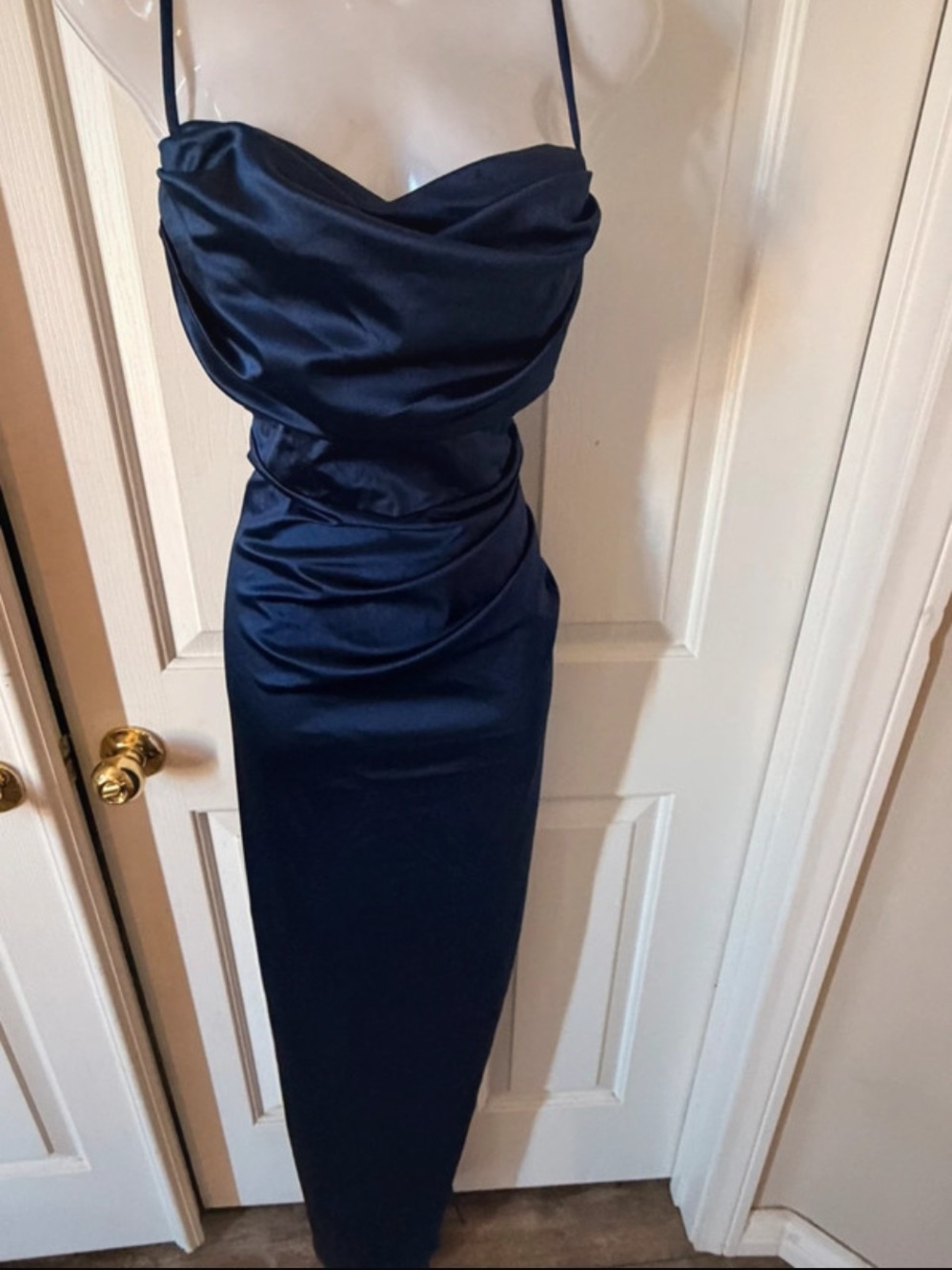 Windsor Navy Blue Liquid Satin Cowl Neck Ruched Formal Homecoming Gala Gown M